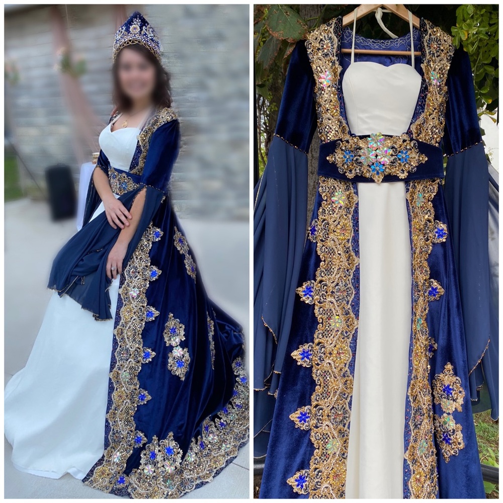 Blue Velvet gold hand beaded Turkish Kaftan Dress